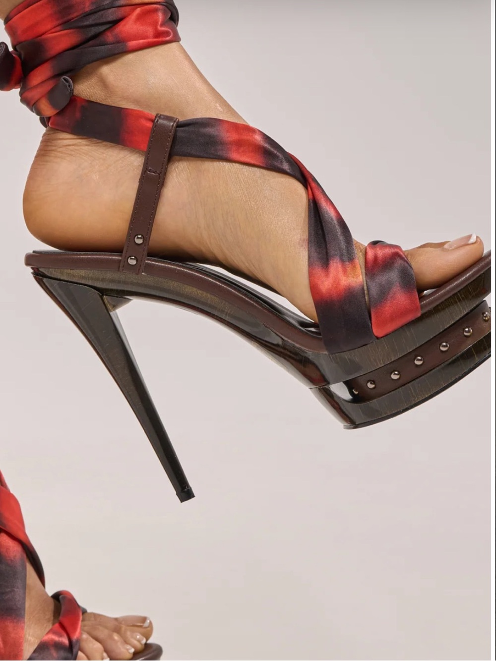 Red Tiger-Print Satin Wrap High Heel Sandals